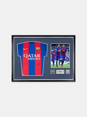 Lionel Messi und Luis Suárez, offizielles -Heimtrikot 2016–17, vorne signiert und gerahmt | FC Barcelona Sale